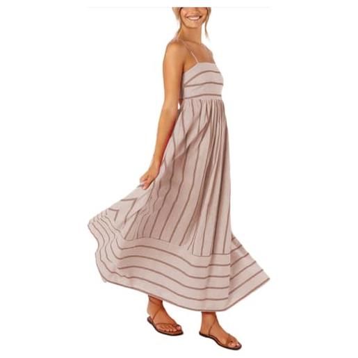 LXCJZY women's striped back smocked maxi dress, sexy spaghetti strap cut out flowy boho strip print a line long dress (khaki, m)