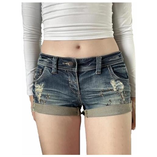 Generic pantaloncini corti da donna strappati retrò invecchiati jeans skinny mini vita bassa, blu, m