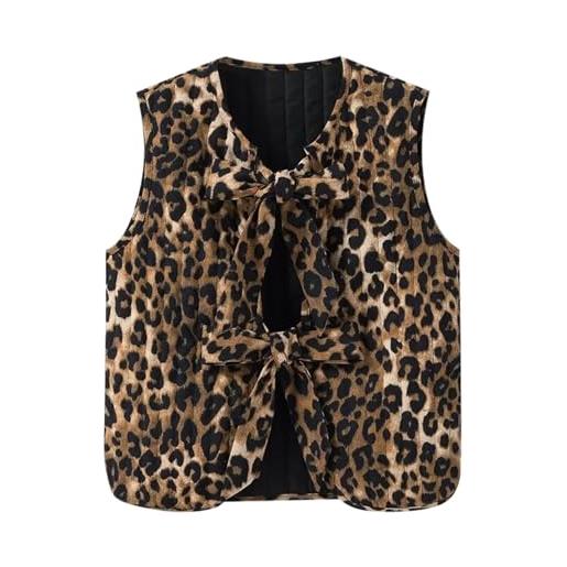 Generic moda francese donna versatile cordino leopardo fiocco cotone casual gilet lungo donna cappotto elegante, marrone, s