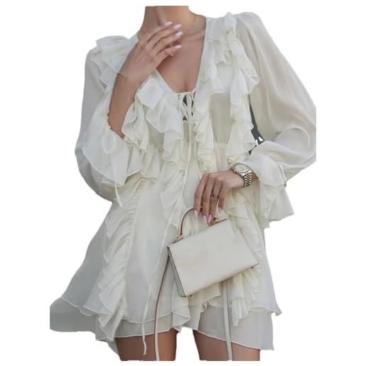 OWEIEYEU mini abiti da donna a maniche lunghe con scollo a v abito con volant in tinta unita, albicocca, s