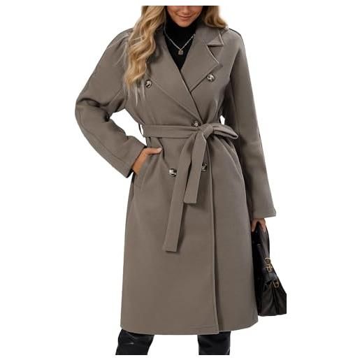 Maeau - cappotto lungo in tweed da donna, doppio bottone, autunno inverno, caldo, elegante, casual, blazer lungo, trench con cintura, s-xl, grigio, s