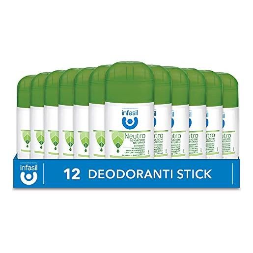Infasil neutro sensazioni naturali, deodorante stick antimacchia senza sali di alluminio, efficace fino a 24h, fragranza con olio essenziale, delicato sulla pelle, 12 deodoranti da 50 ml
