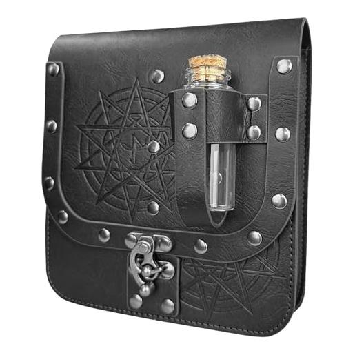 Mirweon marsupio medievale da mago con bottiglia di pozione tappata, borsa da cintura in pelle medievale accessori per costumi medievali, nero