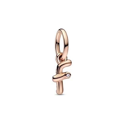 PANDORA pendente moments con lettera f placcato in oro rosa 14 carati con zirconi cubici trasparenti