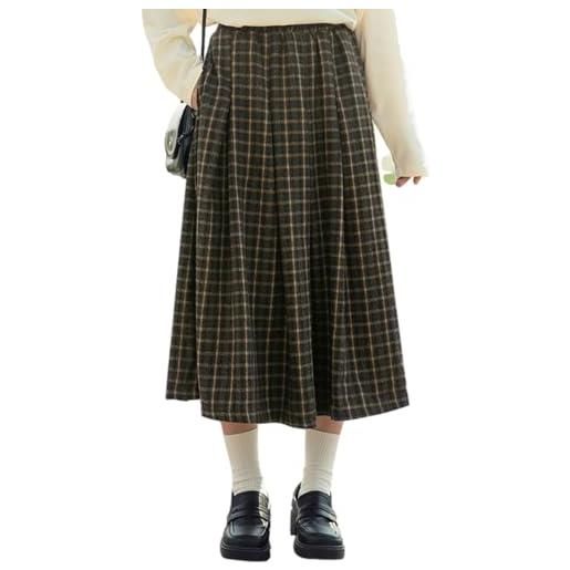 Cuteighteen gonna lunga a quadri da donna con tasche, casual, vintage, a vita alta, plissettata, svasata, in lana, tartan, marrone, m