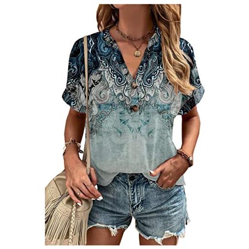 ABYOVRT donne camicette manica corta camicie estiva scollo a v con bottoni casual bluse camicie eleganti t-shirt donna stampato basic tee shirt, blu, s
