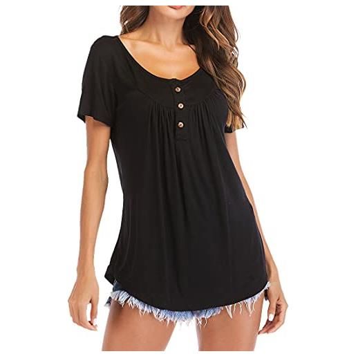FAWHEWX canotta da donna senza maniche camicia casual con bottoni camicia estiva tinta unita con scollo a v camicia a maniche lunghe con pieghe allentate henley da donna (nero/xl)