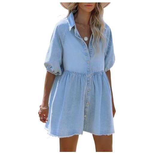 ZISTRCBAO abiti corti da donna abito slim in denim - mini abito con risvolto casual abito a trapezio a maniche corte, abiti con camicie larghe abito blu in cotone denim tinta unita, blu, l