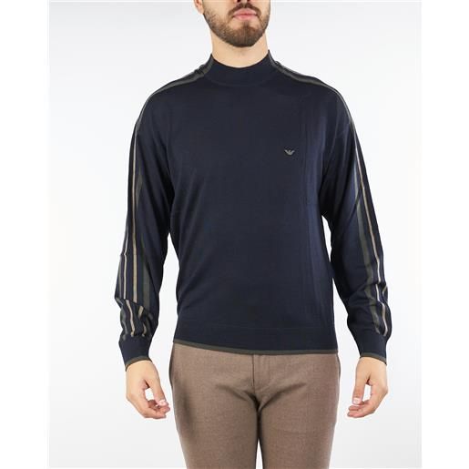 EMPORIO ARMANI maglia blu in lana vergine con righe sulle maniche