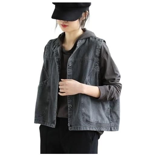 ZISTRCBAO gilet di jeans casual da donna plus size giacca di jeans lavata con bottoni - gilet corto cargo sottile estivo, giacca casual versatile senza maniche lunghe, black, l
