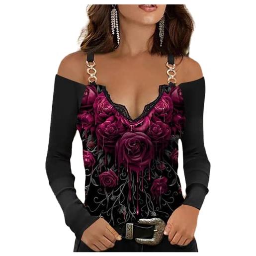 MQYXGS t-shirt casual da donna maglietta con scollo a v a maniche lunghe t-shirt con spalle scoperte pullover camicette top shirt alla moda t-shirt taglie forti camicetta ampia casual bluse estivi s-5xl