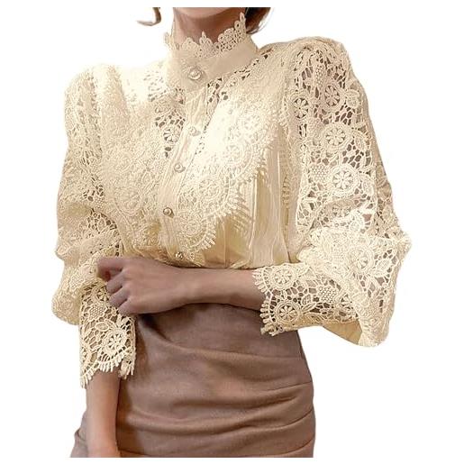 Generic camicia donna lino-camicetta a maniche lunghe con bottoni casual in pizzo tinta unita moda donna blusa compatible with maculata