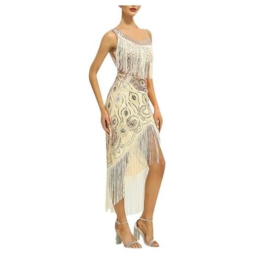 Generisch abito da festa anni '20, con orlo a nappa, abito da cocktail con paillettes anni '20, nero, beige. , s