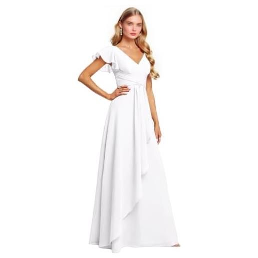 Generic abito da damigella d'onore in chiffon con scollo a v e maniche a volant, gonna lunga e linea a trapezio, abito per invitata di nozze con spacco e tasche, bianco, 48