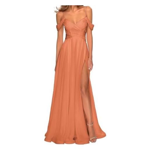 SAYNO abiti da damigella d'onore in chiffon con spalle scoperte per matrimonio con tasche scollo a v lungo abito da ballo formale abito da sera, arancione bruciato, 42
