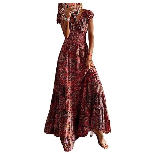 Peuignao vestito lungo donna abito lungo donna estivo elegante vestiti da donna abiti lunghi estivi donna eleganti maxi abito svasato bohemien casual vestito floreale boho spiaggia donna manica corta rouge s
