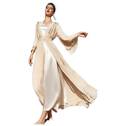 GHAKKE 2023 abito moda in chiffon doppio strato beige elegante fiori da ricamo maniche lunghe grande altalena viaggio festa vestito (color: beige, size: s)