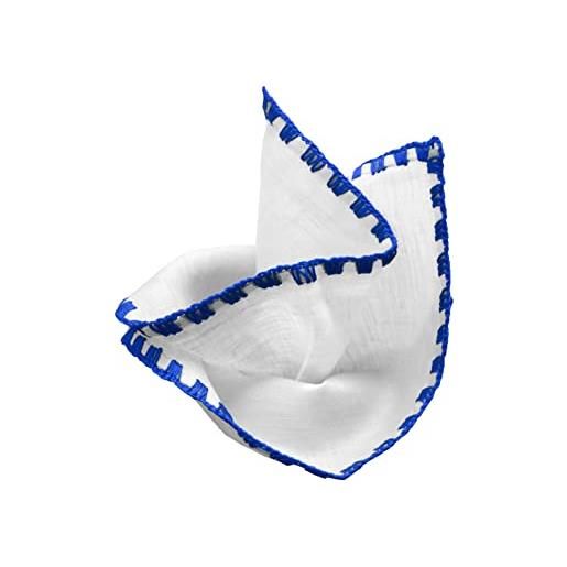 Remo Sartori - fazzoletto da taschino in lino bianco con orlo ad uncinetto fatto a mano, made in italy, uomo. (blu)