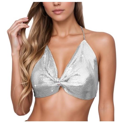 Ausing reggiseno da donna con strass senza schiena scoperta con paillettes sexy deep v neck cavezza crop top reggiseno per sera rave party festival abbigliamento, argento, l