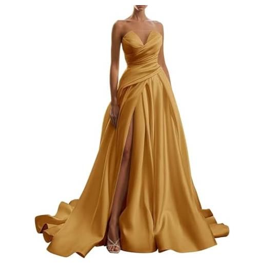 SAYNO abiti da sposa senza spalline in raso per le donne con fessura abiti da sera formali per ospiti di nozze plus size, oro, 52