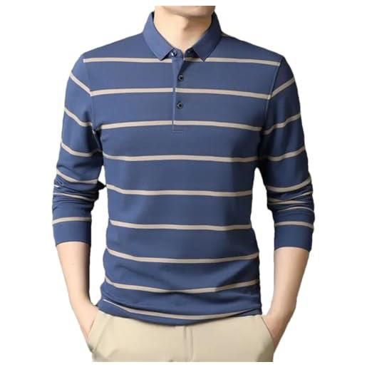 Pegsmio polo da uomo in cotone a maniche lunghe primavera autunno t-shirt risvolto basic allentato sottile a righe top, blu, m