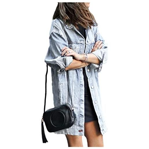 rtdgcv Giacca di jeans da donna corta in jeans da donna, blu chiaro, con bottone tascabile, cappotto nero, da donna, con maniche a sbuffo, giacca da donna a maniche lunghe, Blu scuro