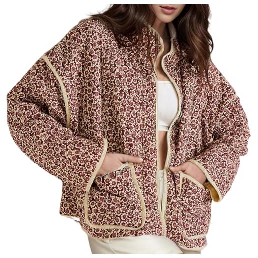 VDWIP giacca trapuntata corta da donna con stampa floreale piumini leggeri a maniche lunghe caldo cardigan gonfio cappotto 2024 alla moda, rosa, small