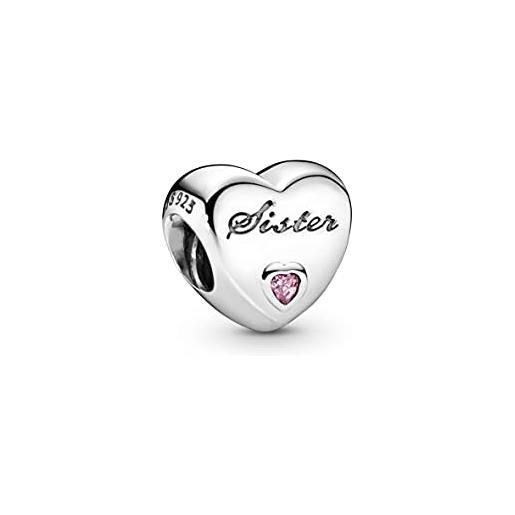 PANDORA icons ciondolo in argento a forma di cuore con scritta sister con zirconia cubica rosa