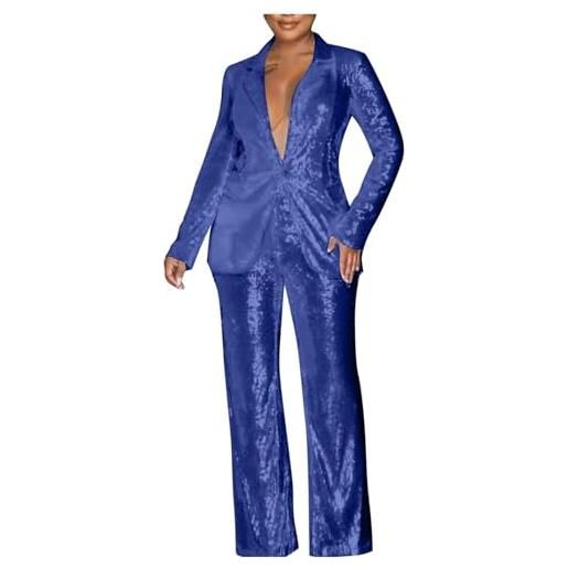 Generisch set di 2 pezzi per abiti da donna, con paillette, con paillettes, un bottone, con risvolto largo, pantaloni da casa, da donna, casual, giacca, blu, xl