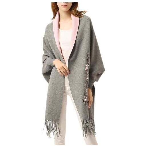 Anze - mantello in cashmere, in lana, per autunno, inverno, pashmina fiore di prugna grigio. 