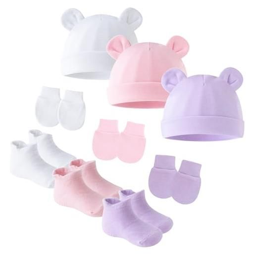 SEAUR newborn - set di calzini per neonati, per bambini, 0-6 mesi, in cotone, morbido elasticizzato, b01 3-set (cappello+guanti+calzini), 0-6 mesi