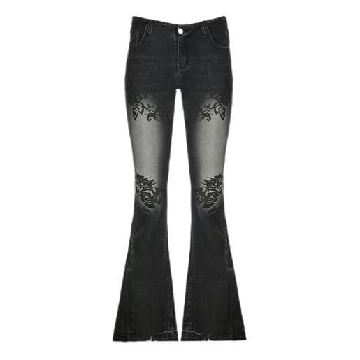 Generic jeans a zampa di streetwear pantaloni in denim a vita bassa con stampa floreale invecchiata pantaloni da donna retro -nero-l