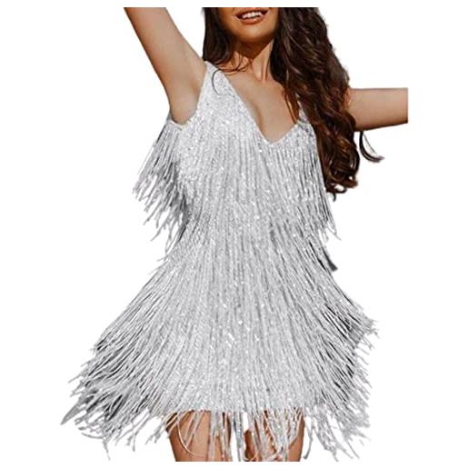 OTMYIGO abito con nappe senza maniche a v profonda abiti aderenti da sera da sera con glitter per clubwear da donna, bianca, s