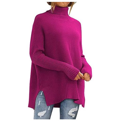 Generisch maglione leggero da donna, lungo, invernale, elegante maglione a collo alto, oversize, a maglia calda, maglione a maglia larga, in tinta unita, rosa acceso. , l
