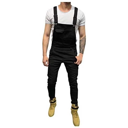 Generisch salopette in jeans, da uomo, lunghi, elasticizzati, slim fit, da lavoro, in denim, con bretelle, nero , m