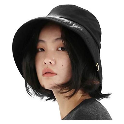 UNDERCONTROL cappello da pescatore alla moda da viaggio safari pieghevole quattro stagioni regolabile a tesa larga profonda in cotone lavato vintage con etichetta dorata corea (nero biologico)