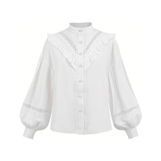 FCCAM camicetta vittoriana manica lunga medievale camicetta donna bianca rinascimentale camicetta volant camicetta vittoriana, bianco 1301a, xxl
