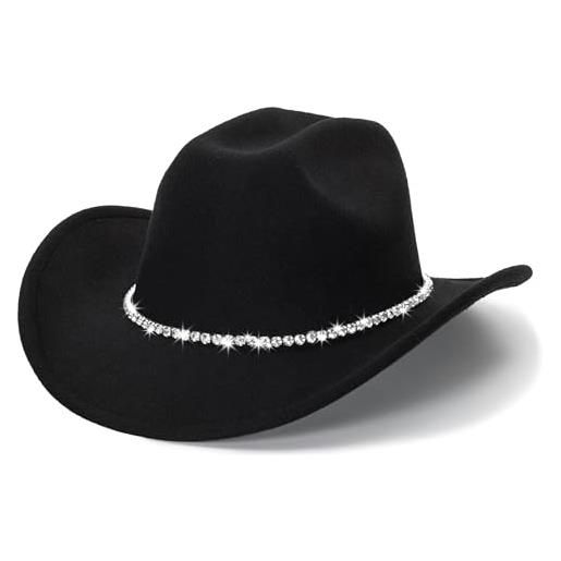 FGSS classico cappello da cowboy e cowgirl in feltro a tesa larga con fibbia per donne e uomini (taglia m), nero con diamante, m/l