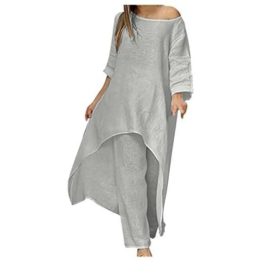 WOXIHUAN abito donna casual a manica lunga abiti vestito scollo a rotondo eleganti cotone lino vestito con tasche a-line vestito da cocktail grigio xl