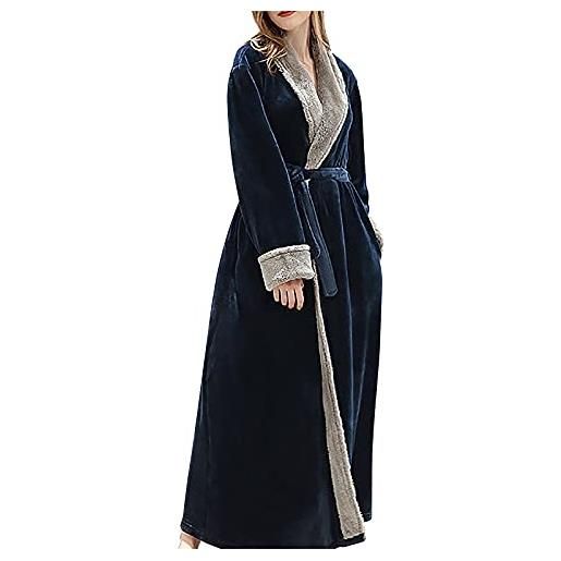 Generic accappatoio da donna in pile bianco senza cappuccio invernale caldo abito da donna soffice in flanella lungo soffice accappatoio con cintura per donna unisex in cotone accappatoio spa, 0a-blu navy, m