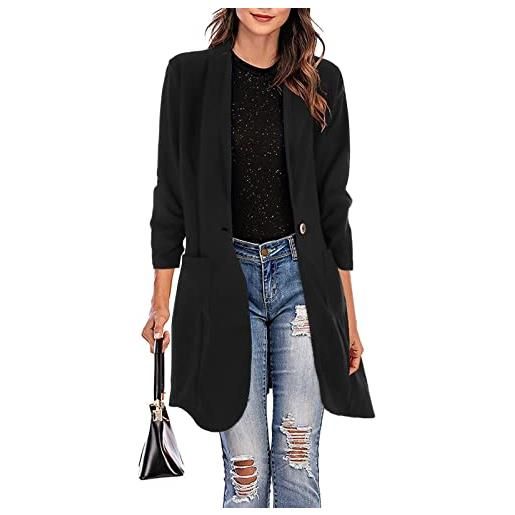 Vagbalena donna primavera classico casual blazer corto sette maniche di media lunghezza tasca blazer di colore solido con tasche giacca casual lunga (nero, 3xl)