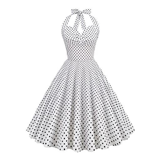 QIANKUN a vita alta vintage bendaggio pinup abito svasato donna innamorato halter pizzo posteriore corsetto polka dot abito partito abiti in cotone bianco-s