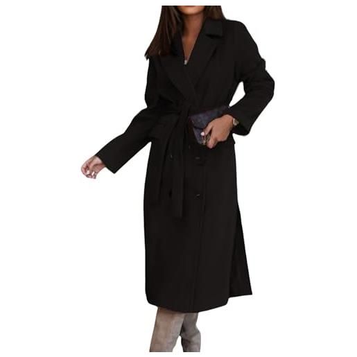 Suncadmious donne inverno lungo trench di lana cappotto giacca di lana dentellato risvolto doppio petto pavone cappotto cintura (nero, xl)