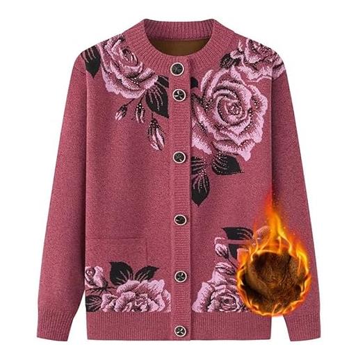 BPKKLLSU cardigan lavorato a maglia per mezza età e anziani, girocollo, foderato in pile spesso, con stampa floreale, con tasca, caldo maglione da indossare in primavera e autunno, rosa m