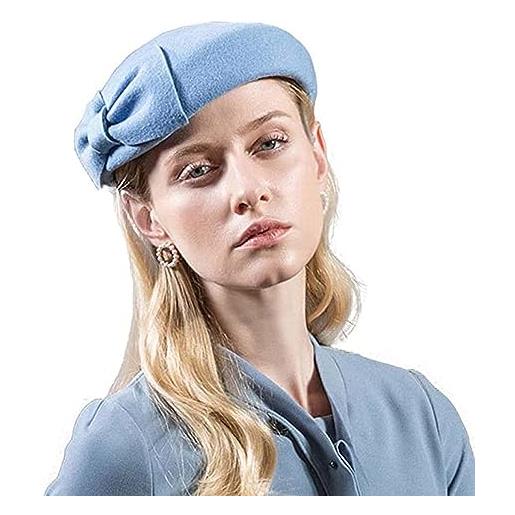 HIMESPORT berretto vintage in feltro di lana francese, fascinator pillbox cappelli cocktail party matrimonio chiesa fedora, blue haze, m