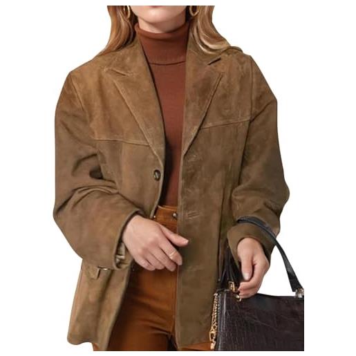 Juankrynord blazer a maniche lunghe con tasche larghe marrone vintage alla moda primaverile da donna blazer casual vintage a maniche lunghe con bottoni, abbigliamento da lavoro (marrone, xxl)