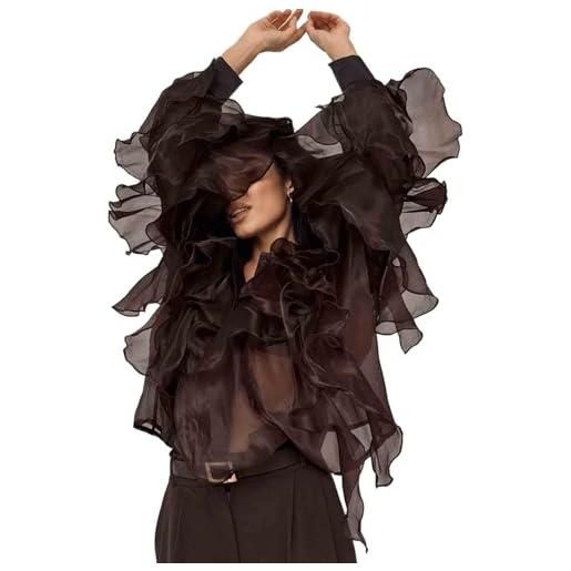 Suncadmious vintage da donna tulle stereoscopico chiffon irregolare volant top manica lunga pizzo abito abbigliamento ufficio affari formale occasione camicia top (marrone, s)