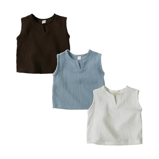 Aoklidil canottiera per bambini, 3 pezzi, in cotone di alta qualità, senza maniche, per bambini, comoda, morbida, tinta unita, per bambini, 1-7 anni, azzurro+nero+bianco, 18-24 mesi