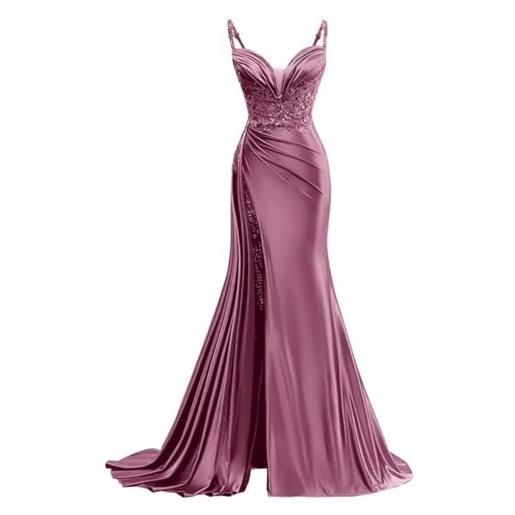 SAYNO abiti da damigella d'onore in raso per donna, per matrimonio, con spacco, a sirena, abiti da sera, da cocktail, taglie forti, malva, 42