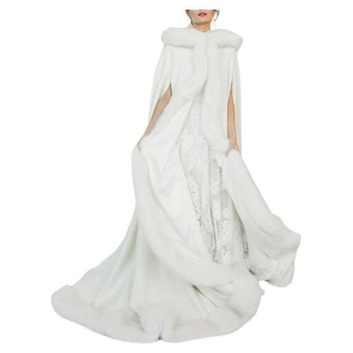 MAYILNSIN mantello invernale da sposa, lunghezza fino al pavimento, con bordo in pelliccia sintetica, mantello da sposa bianco crema, bianco, s